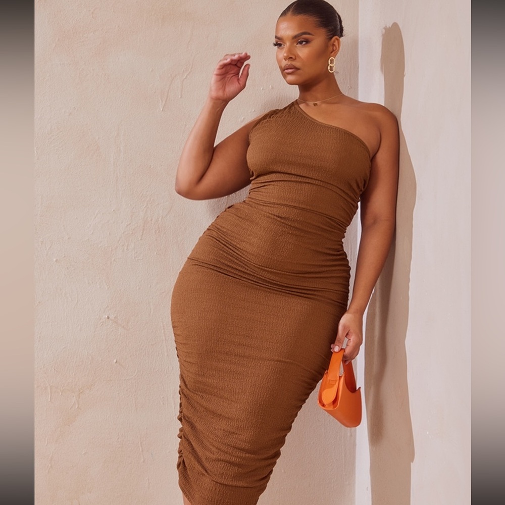 Plus Chocolate One Shoulder Textured Midi Dress